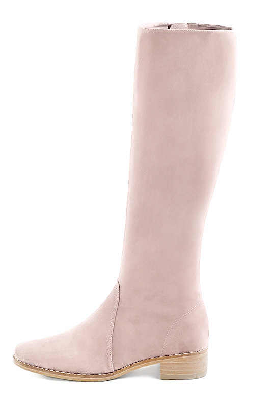 Powder pink women's riding knee-high boots. Round toe. Low leather soles. Made to measure. Profile view - Florence KOOIJMAN